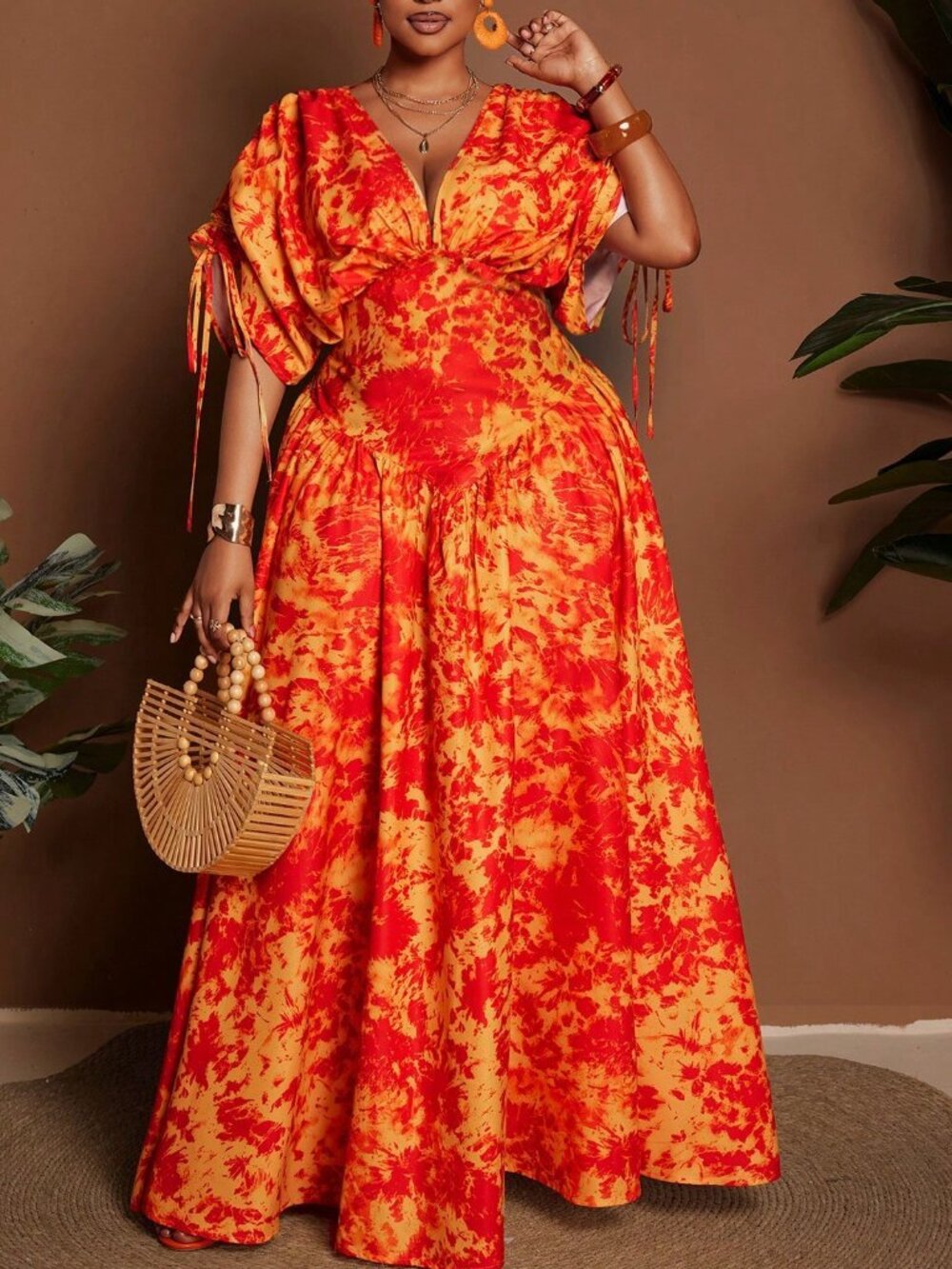 Orange Boho Women's Sexy Deep V-Neck Puff Sleeve High-Waist Midi Dress